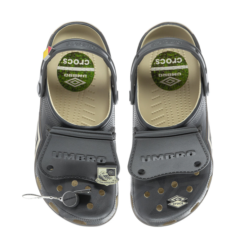 Men's clog pair front view in dark gray with vent holes and multicolor insole logos