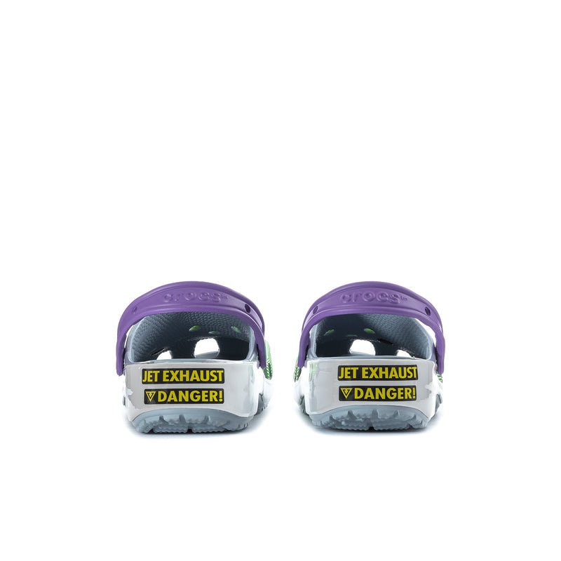 Men's classic clog back view with purple heel strap and warning-style graphics