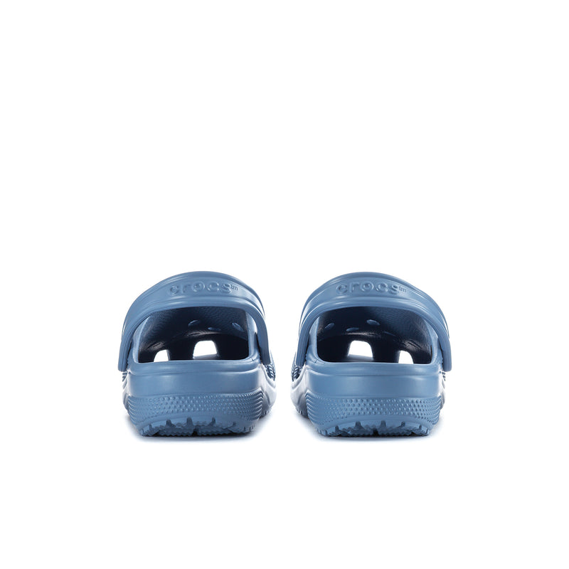 Men's astro blue clogs, back view with padded heel and vented heel cup