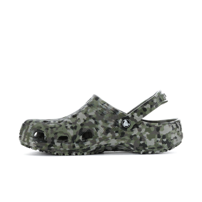 Men's camo clog with vented upper, slingback strap, and round logo badge