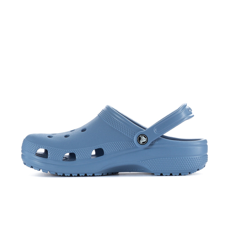 Men's astro blue clogs with toe cutouts and logo strap, side profile