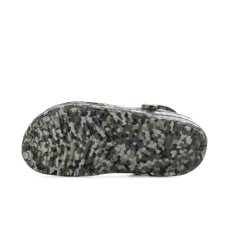 Men's camo clog side view showing vented upper and perforated design