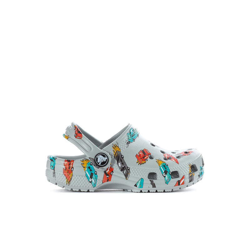 Toddler light gray clog with colorful race car graphic and adjustable heel strap