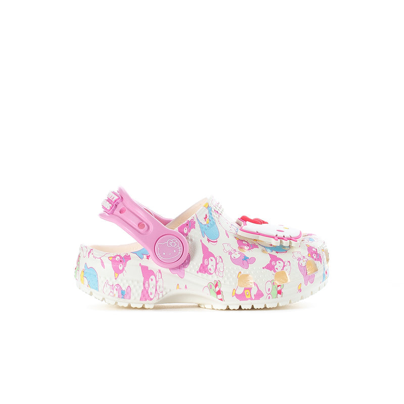Toddler Hello Kitty clogs in pink and multicolor print with adjustable strap