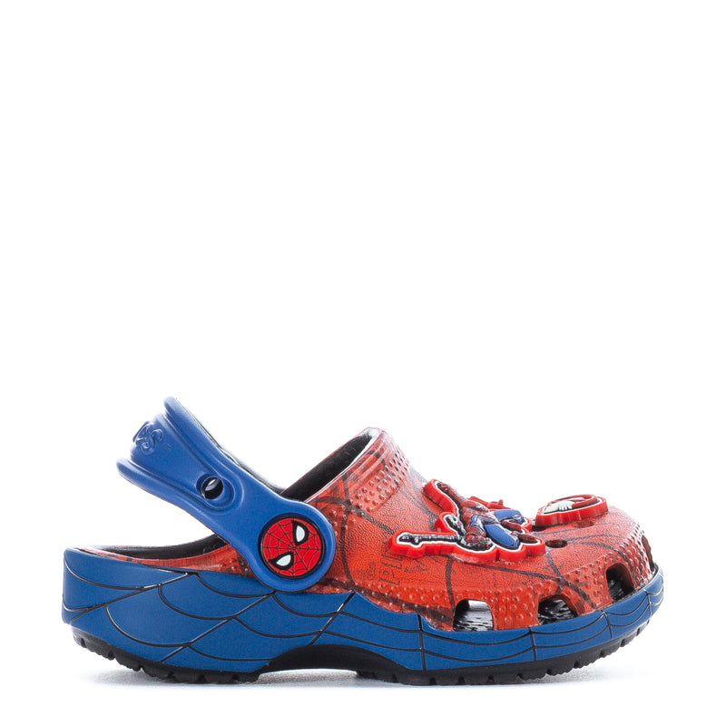 Toddler red and blue clog with Spider-Man graphic, side strap, and crocs logo