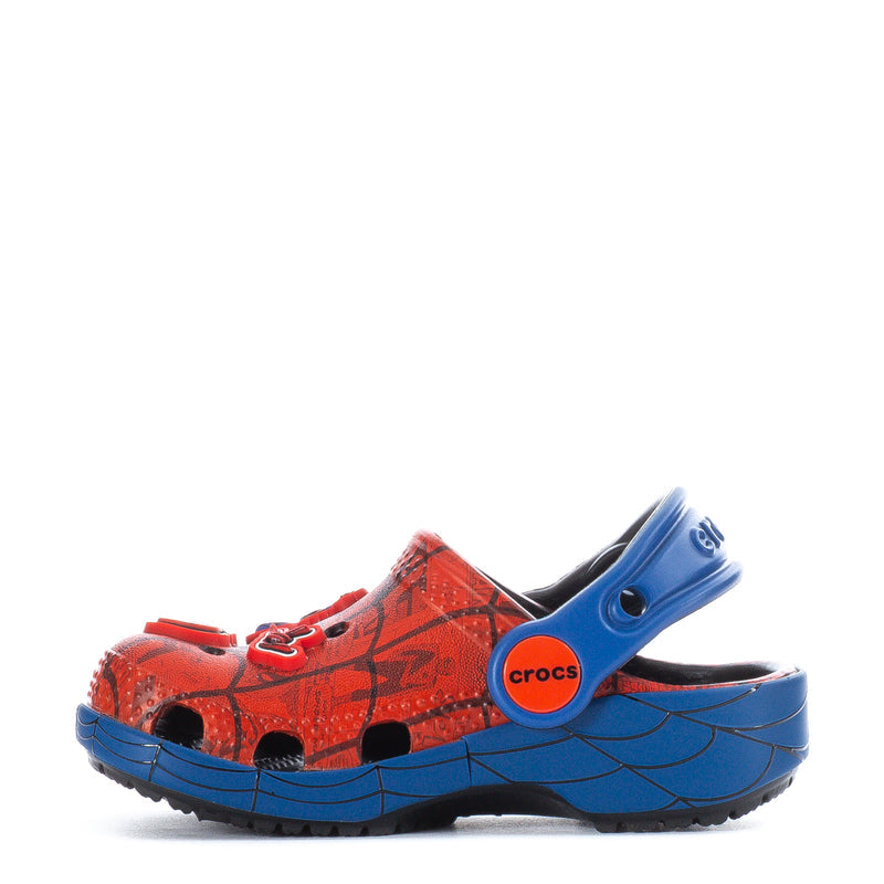 Toddler red Spider-Man clog with blue heel strap and molded wave outsole