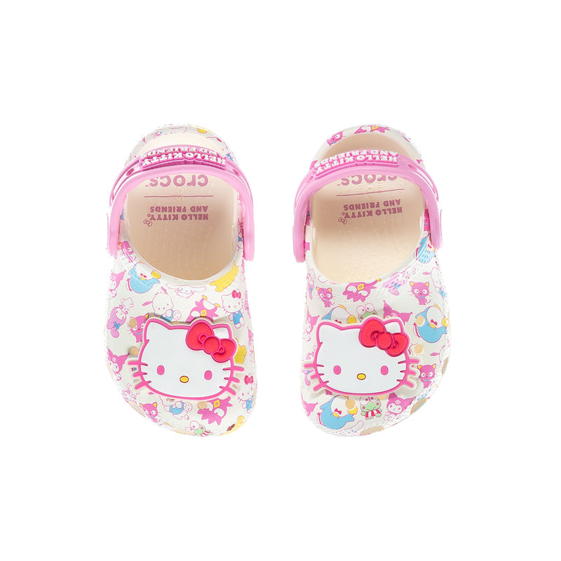 Toddler Hello Kitty clogs, pink print with two front Hello Kitty faces