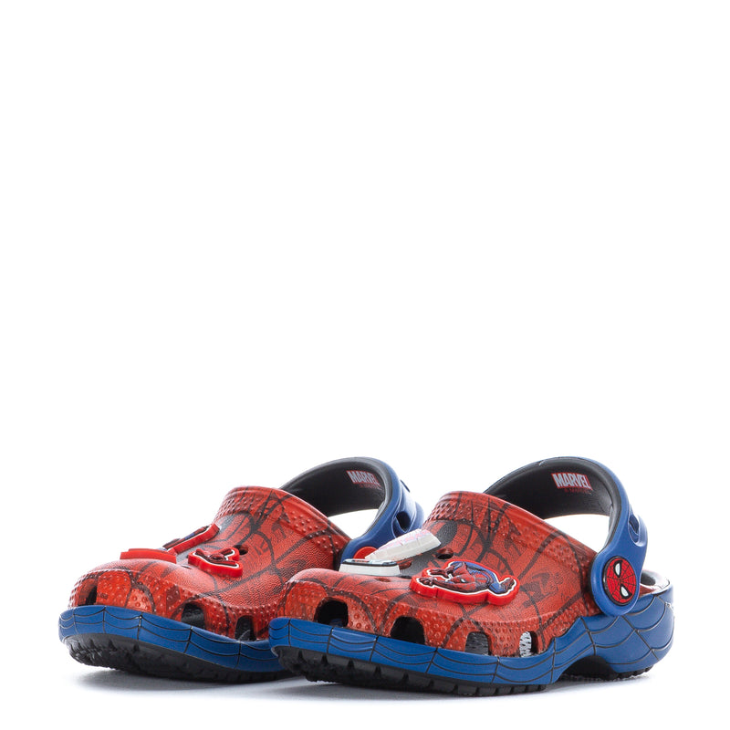 Toddler Spider-Man clogs, red uppers with blue back straps and side emblem