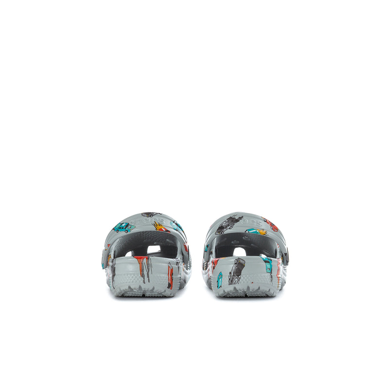 Toddler clog back view, light gray with race car print and heel strap