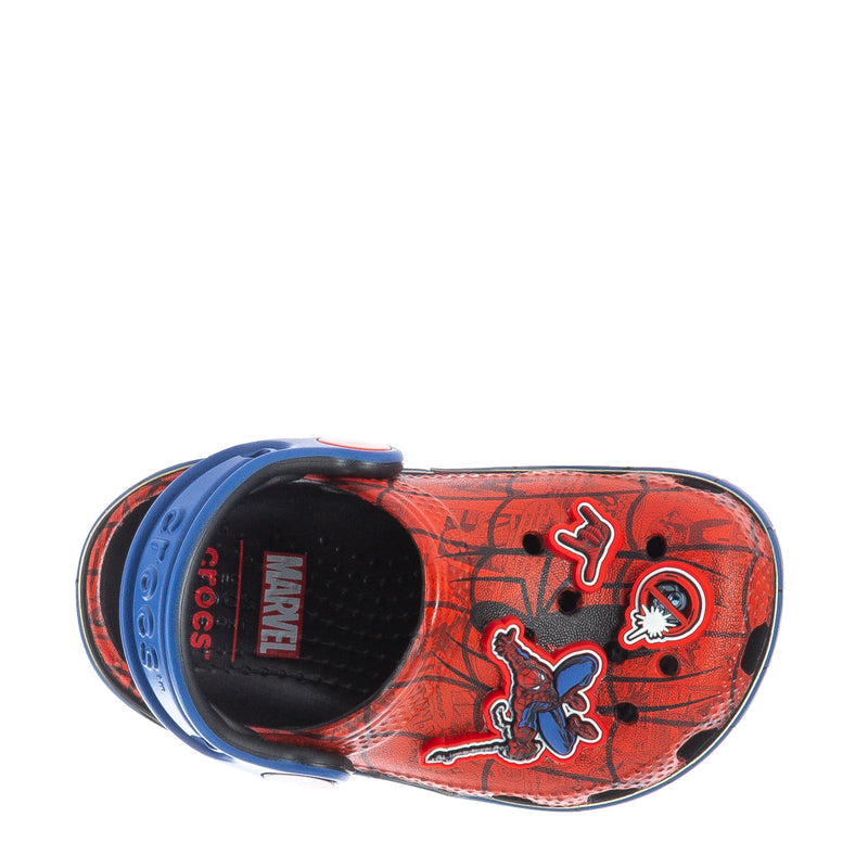 Toddler red Spider-Man clog open interior with blue rim and character appliques