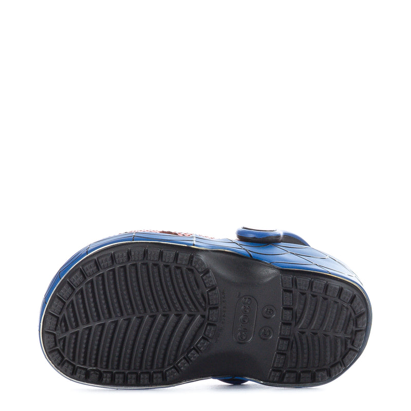 Toddler blue and red clog bottom sole with textured tread for traction