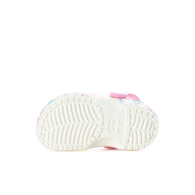 Toddler clog outsole, white tread with pink heel and multicolor upper edge