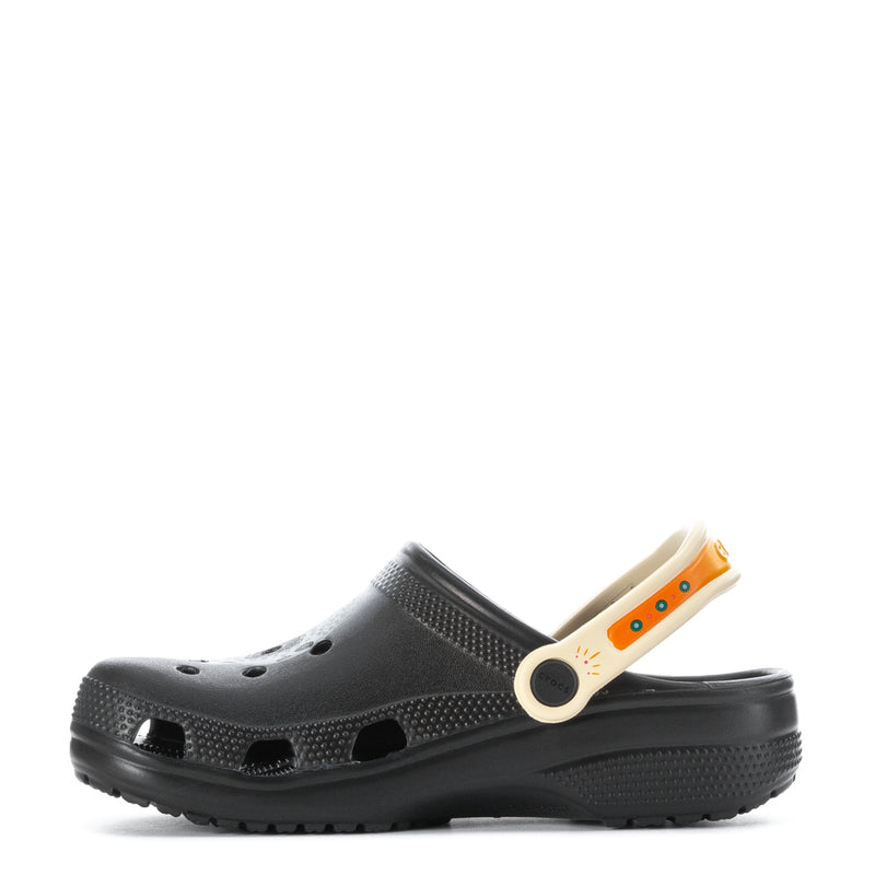 Black clog with perforated upper and cream-and-orange strap detail