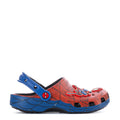 Youth classic clog in red and blue with Spiderman-style side logo