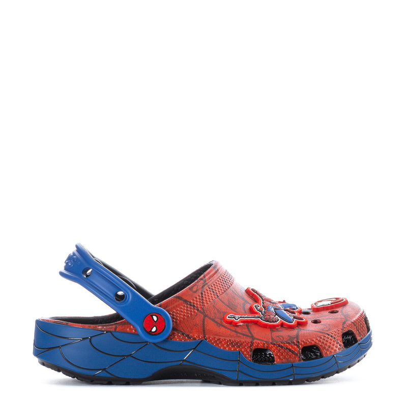 Youth classic clog in red and blue with Spiderman-style side logo