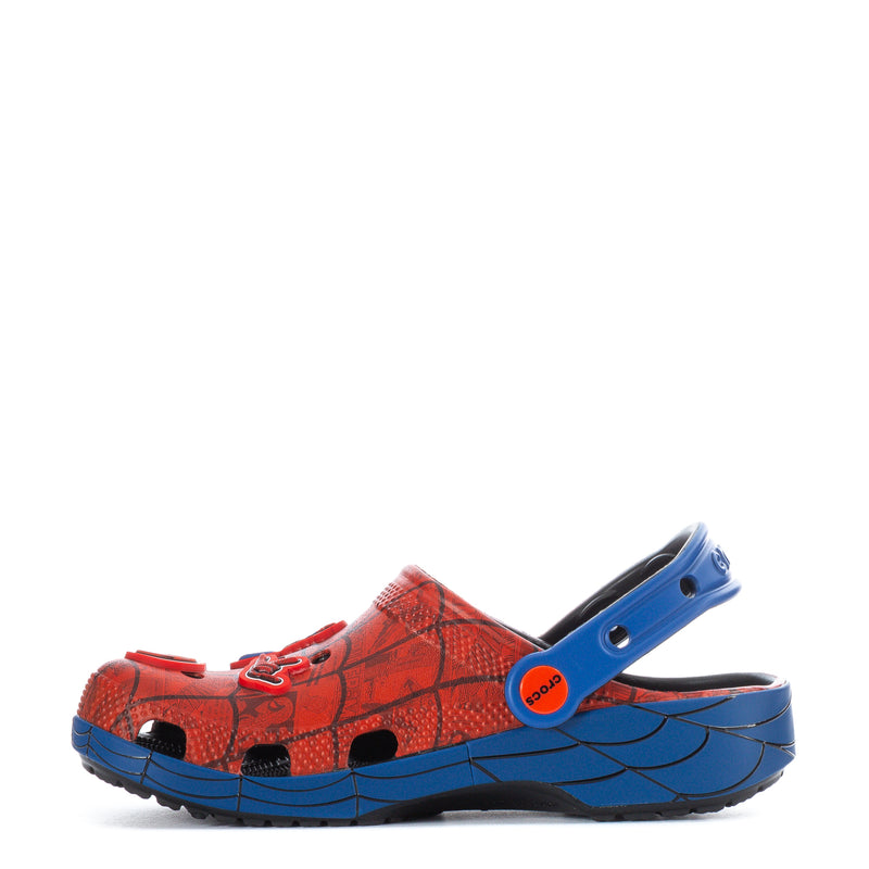 Youth classic clog side profile, red upper with blue back strap and Spiderman graphic