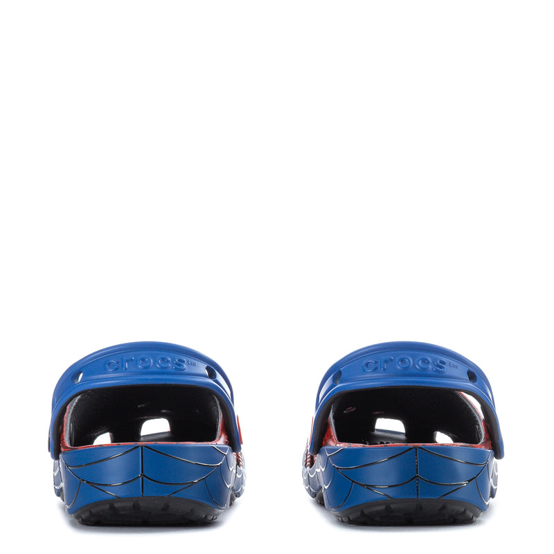Youth classic clog heel view, blue back with vent holes and Crocs logo