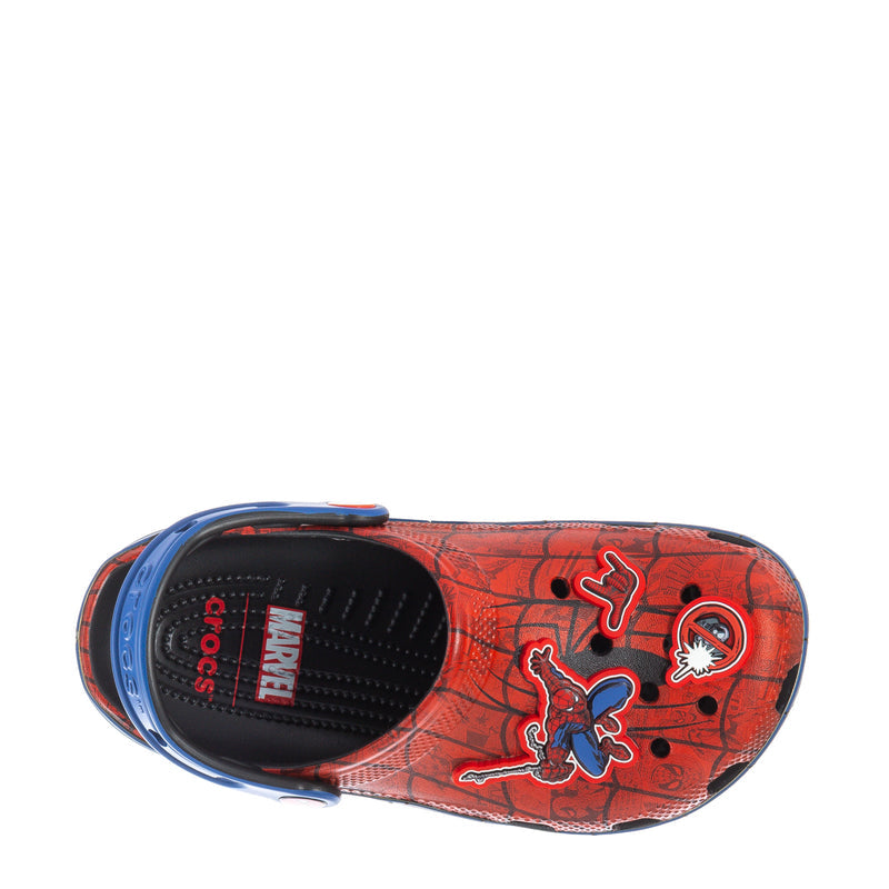 Youth classic clog interior view, red footbed with Spiderman and Crocs branding