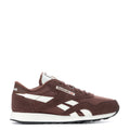 Men's brown lace-up suede sneaker with white Reebok stripes and low profile sole