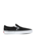 Black slip-on sneakers with white rubber sole and side V logo detail