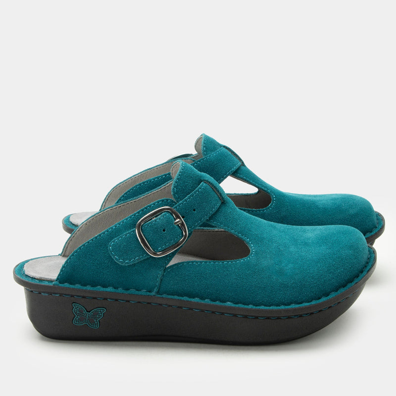 Classic Unteal Now open back clog on a classic rocker outsole |Clog with a Teal nubuck leather upper.