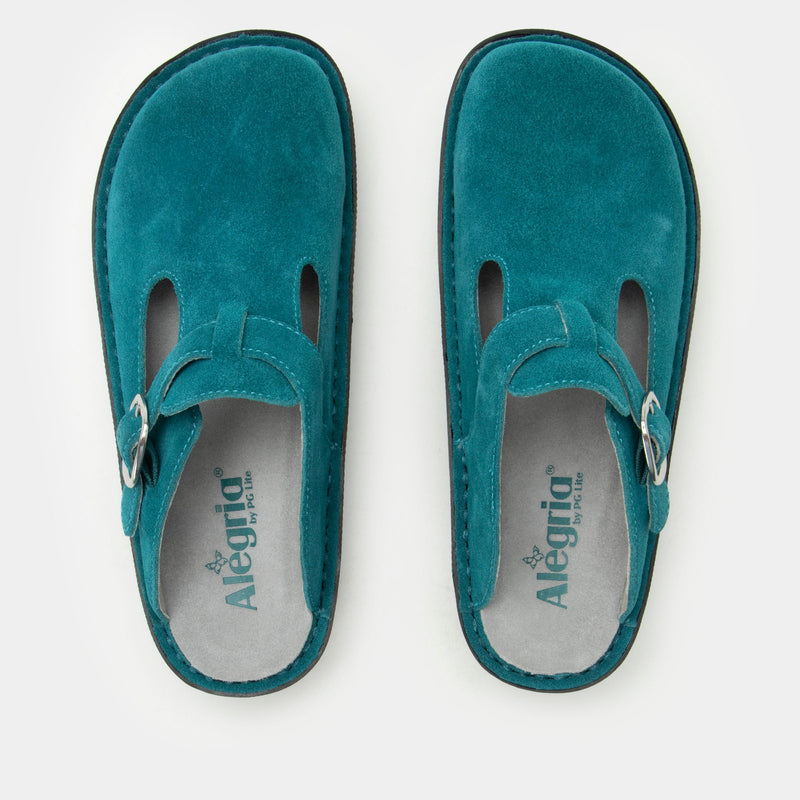 Classic Unteal Now open back clog on a classic rocker outsole |Clog with a Teal nubuck leather upper.