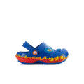 Toddler blue clogs with flame trim and cartoon eye patch, hook-and-loop strap
