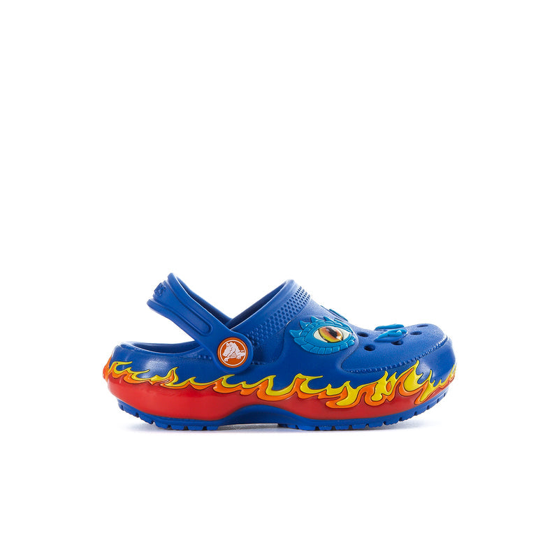 Toddler blue clogs with flame trim and cartoon eye patch, hook-and-loop strap