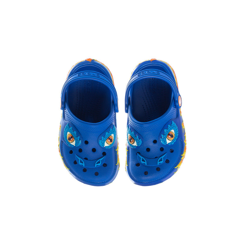 Toddler blue clogs, front view with vent holes and cartoon eye patches