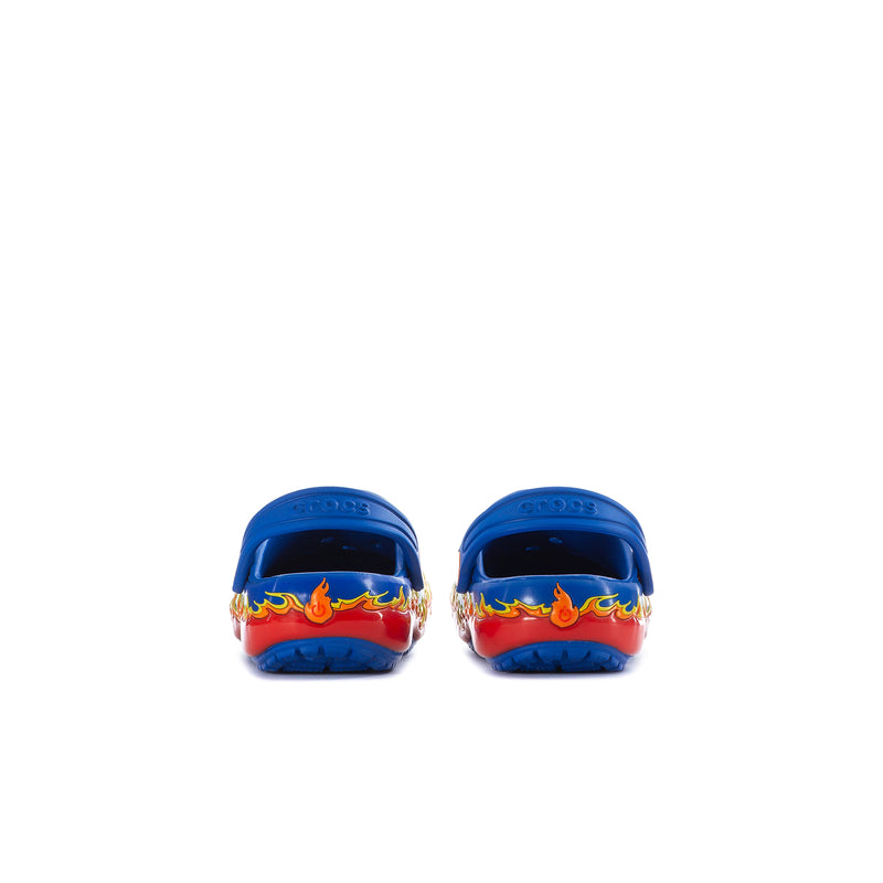 Toddler blue clogs, back view with flame graphic on heel