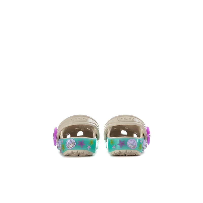 Toddler cream clogs with teal-backed straps, purple star decor on the heel