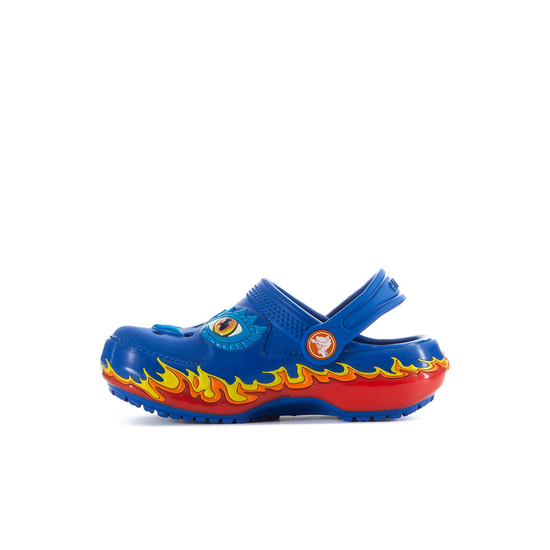 Toddler blue clogs with flame side panel and hook-and-loop strap