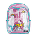 Clear Hello Kitty backpack with pink graphic, turquoise zipper, transparent front pocket
