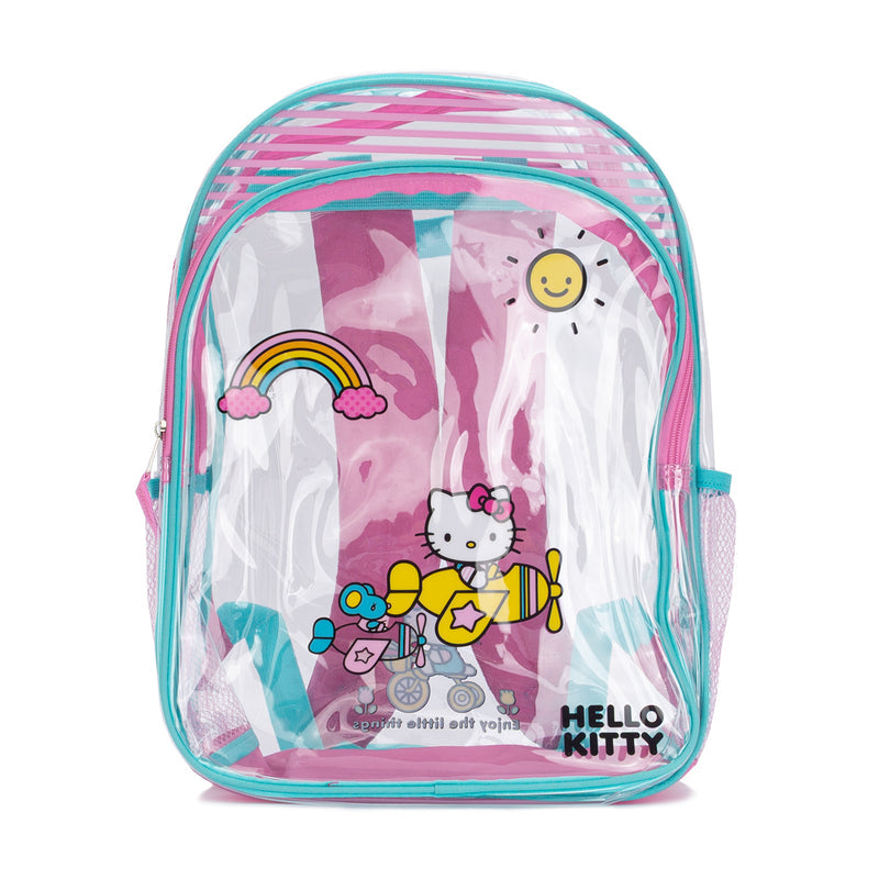 Clear Hello Kitty backpack with pink graphic, turquoise zipper, transparent front pocket