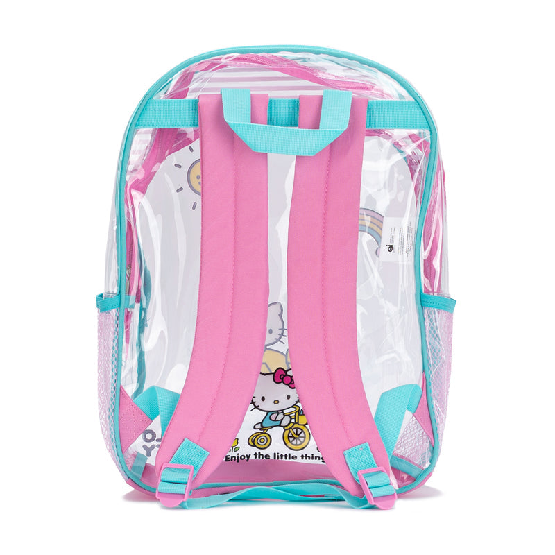 Clear Hello Kitty backpack with pink padded straps and turquoise side panels