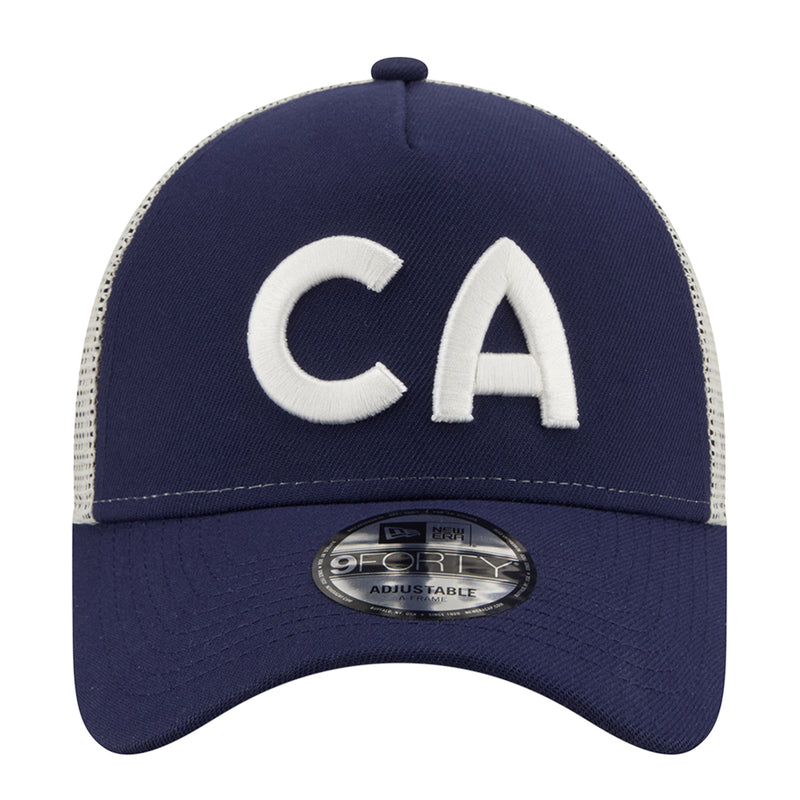 Navy A-frame trucker cap with white CA logo and adjustable back strap