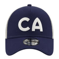 Navy A-frame trucker cap with white CA logo and adjustable back strap