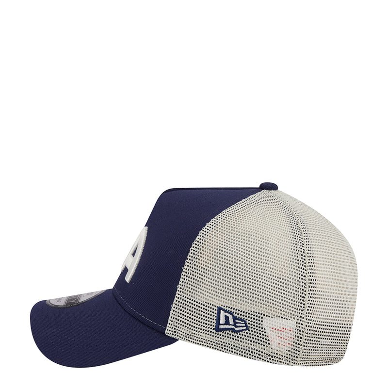Navy and white trucker cap with New Era logo on side and mesh back
