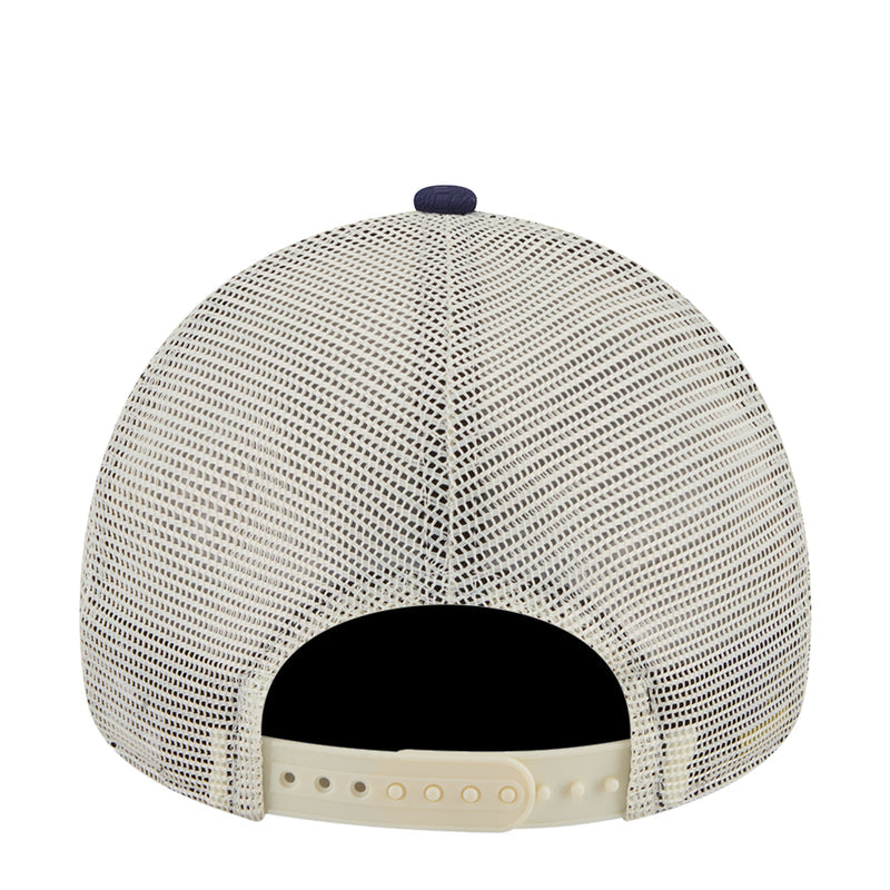 White mesh trucker cap back with navy top and black inner panel