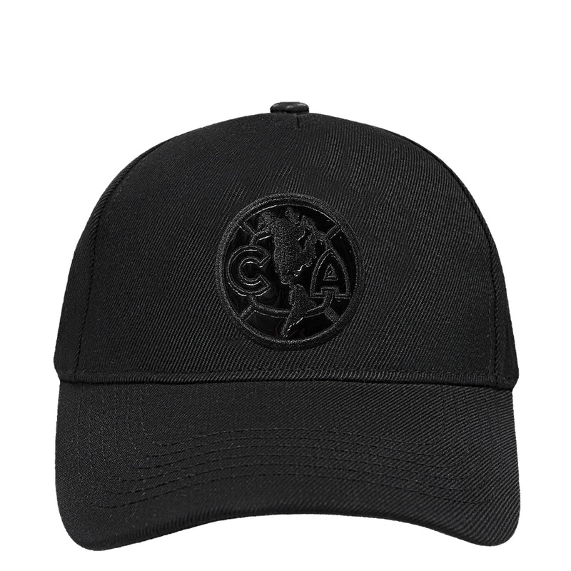 Black snapback cap with embroidered crest on the front panel