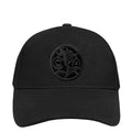 Black snapback cap with embroidered crest on the front panel
