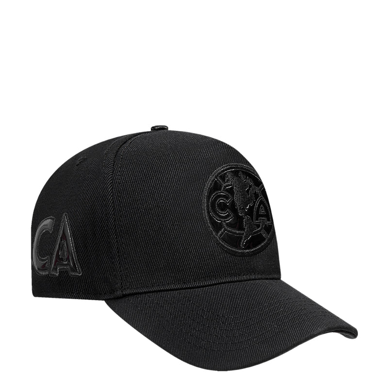 Black snapback cap with left-side logo and curved brim