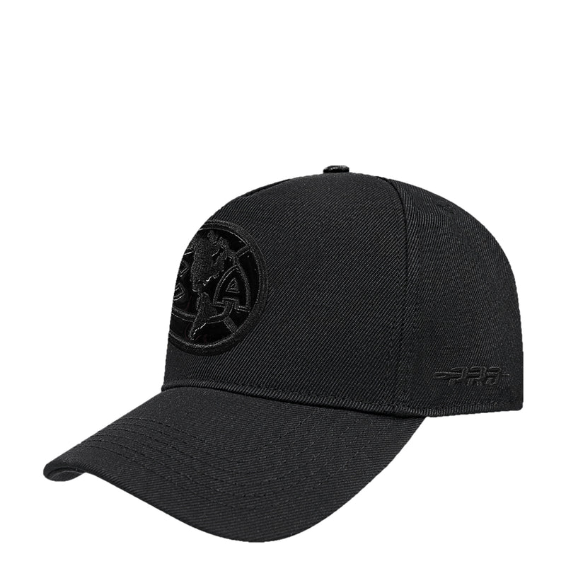 Black snapback cap with side embroidered crest and dark underbrim