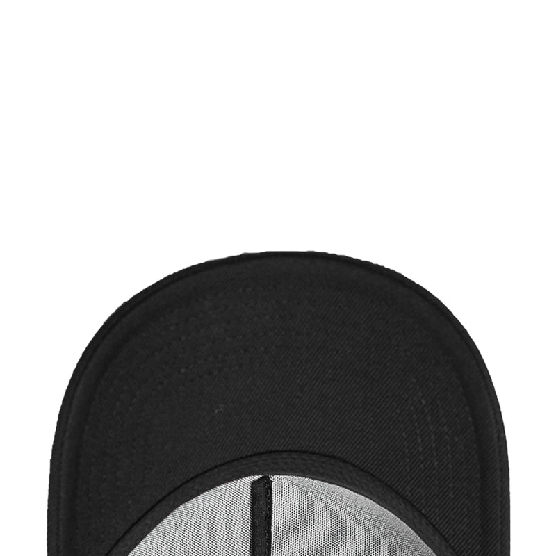 Black snapback cap close-up of interior lining and stitched crown seam