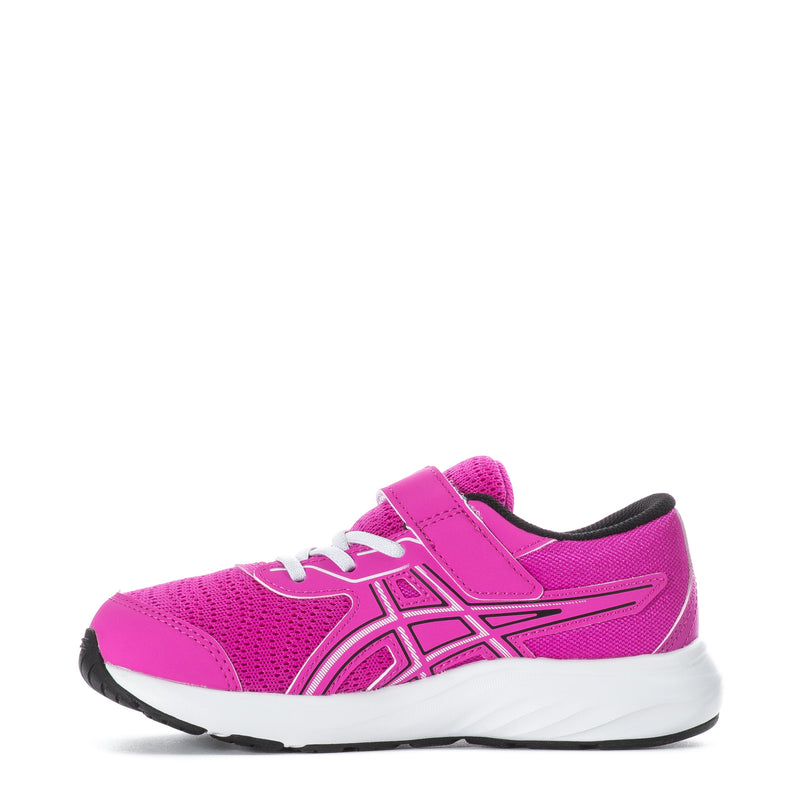 Kids pink athletic sneakers, lace-up front with black accents and white midsole