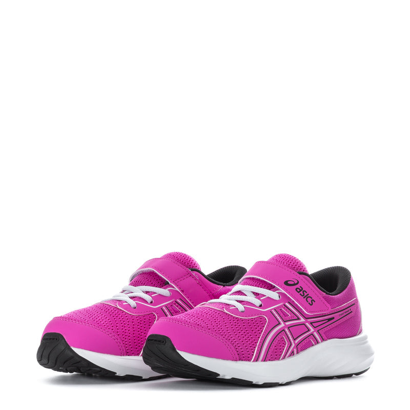 Kids pink athletic sneakers, pair front view with lace-up design and side logo