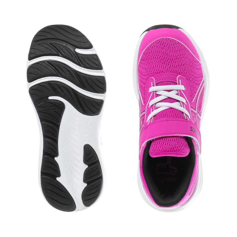 Kids athletic sneakers: treaded rubber outsole and pink upper with black interior