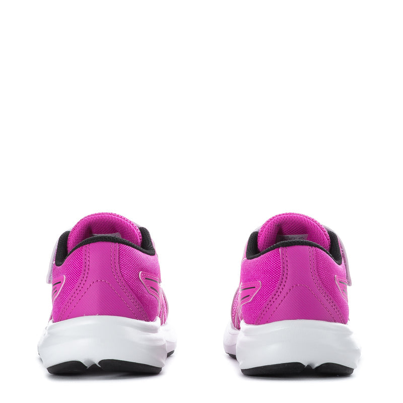 Kids pink athletic sneakers, back view with padded heel and white sole