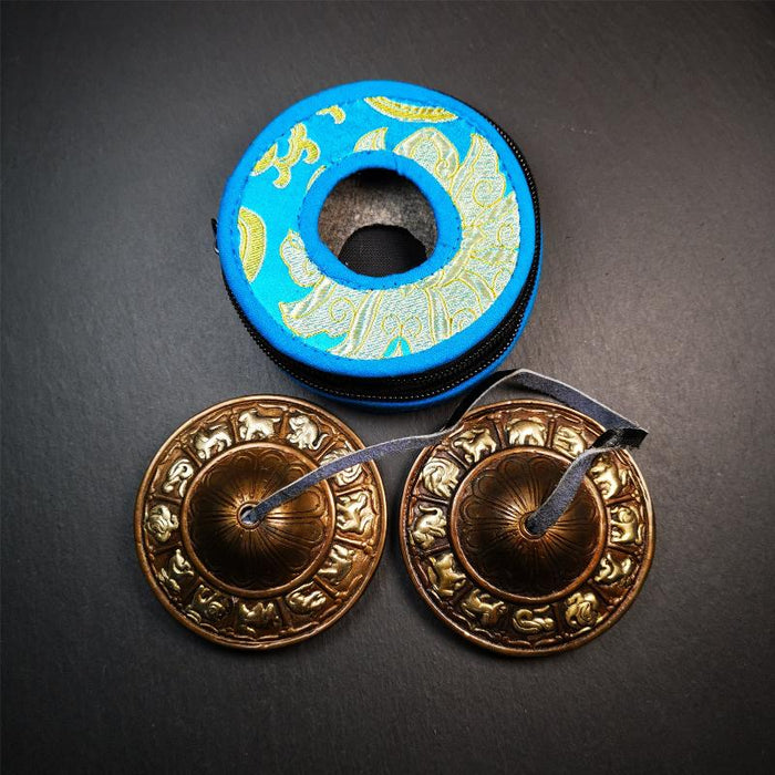 Copper Tingsha Set - 12 Tibetan Zodiac - 3.27" - Tibetan Buddhist art, detailed view