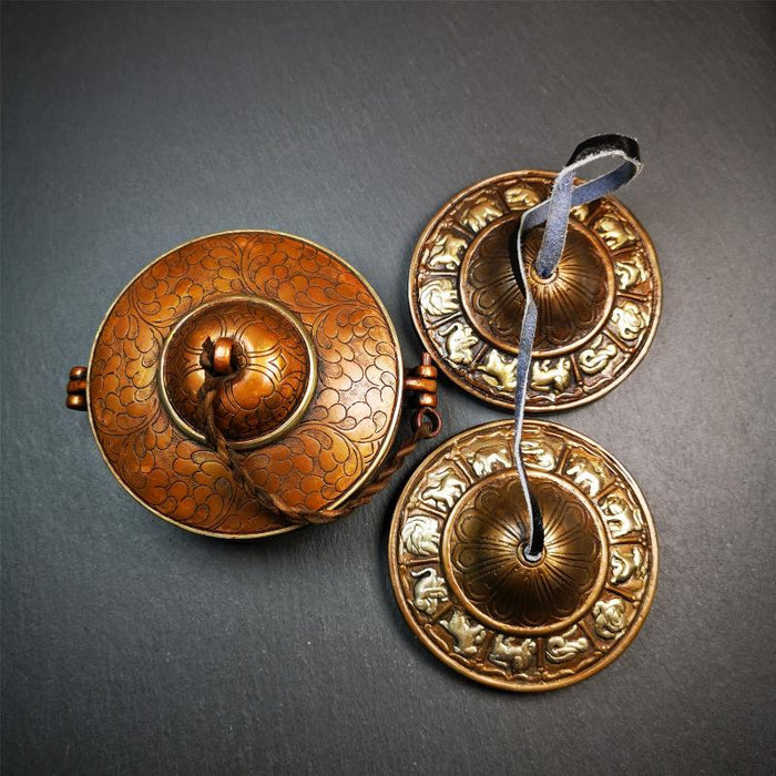 Copper Tingsha Set - 12 Tibetan Zodiac - 3.27" - Tibetan Buddhist art, close-up detail